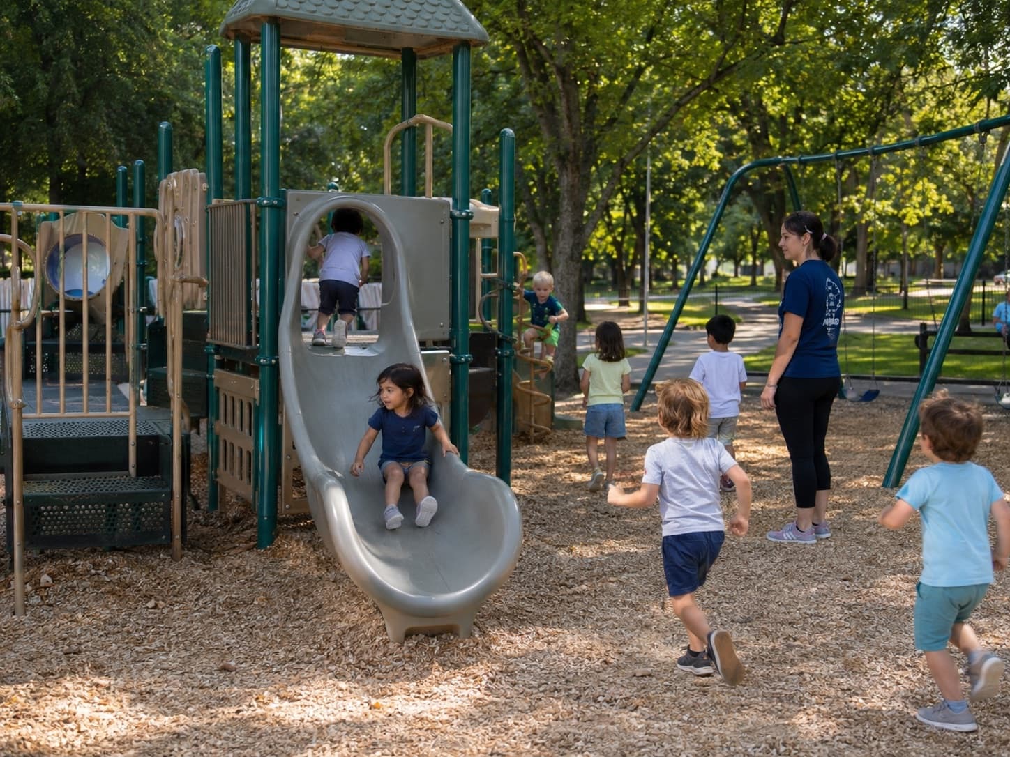 Des enfants qui jouent au parc avec une éducatrice