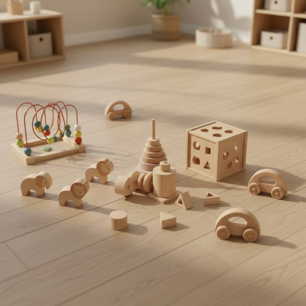 Jouets en bois durables sur le plancher de la garderie